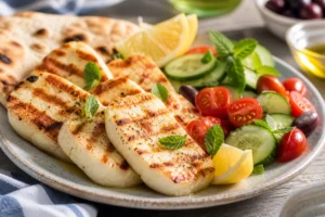 Grilled halloumi slices with lemon mint tomato and flatbread - Aphrodite Haloumi | KnowTheCheese