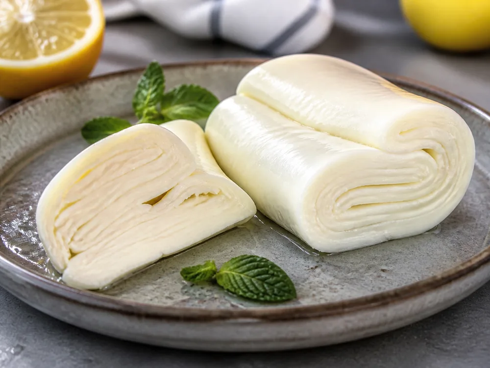 Uncooked folded halloumi-style cheese with brine droplets - Aphrodite Haloumi | KnowTheCheese