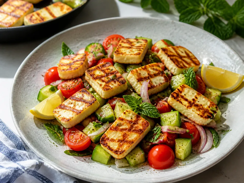 Pan-fried halloumi pieces holding shape over salad - Aphrodite Haloumi | KnowTheCheese
