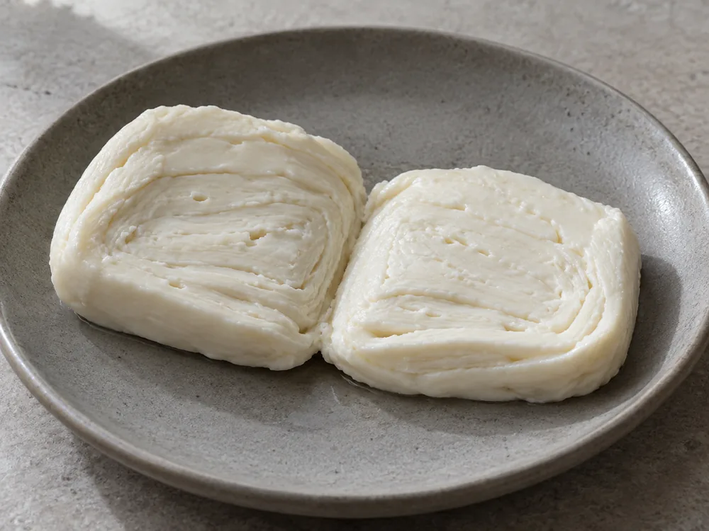 Uncooked halloumi-style block opened along its fold into two halves - Aphrodite Haloumi | KnowTheCheese
