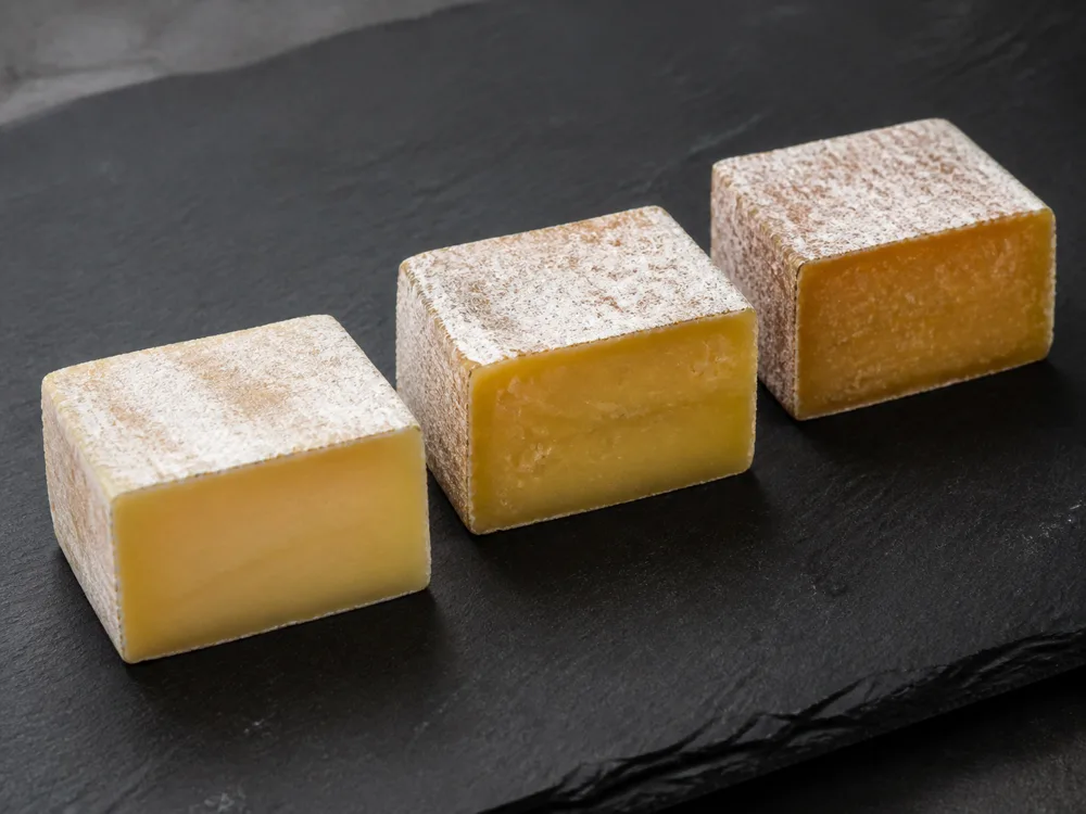 Three square-wheel Appalachian-style cuts showing deeper color and crystals with age - Appalachian | KnowTheCheese