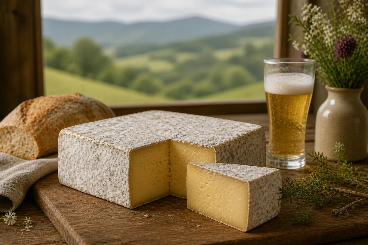 Square white-rind farmstead cheese with golden paste bread and beer - Appalachian | KnowTheCheese