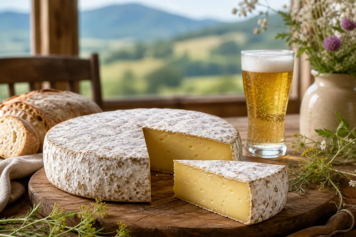 Snowy-rind tomme-style cheese wedge with bread and beer - Appalachian | KnowTheCheese
