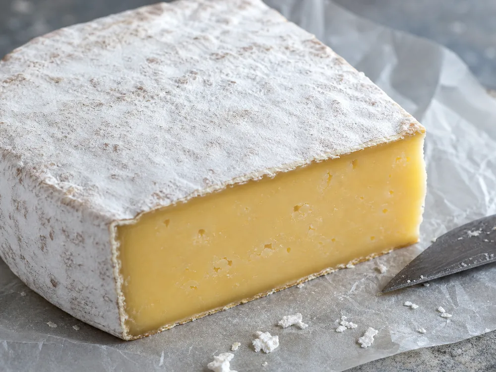 Snowy white rind and golden semi-soft cheese paste detail - Appalachian | KnowTheCheese