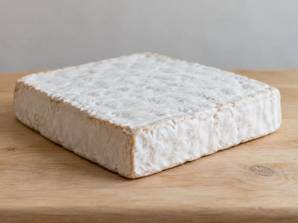 Low square wheel of cheese with a white bloomy rind on a wooden board - Appalachian | KnowTheCheese