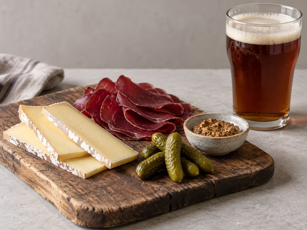 Sliced white-rind cheese with bresaola, cornichons, whole-grain mustard, and brown ale - Appalachian | KnowTheCheese