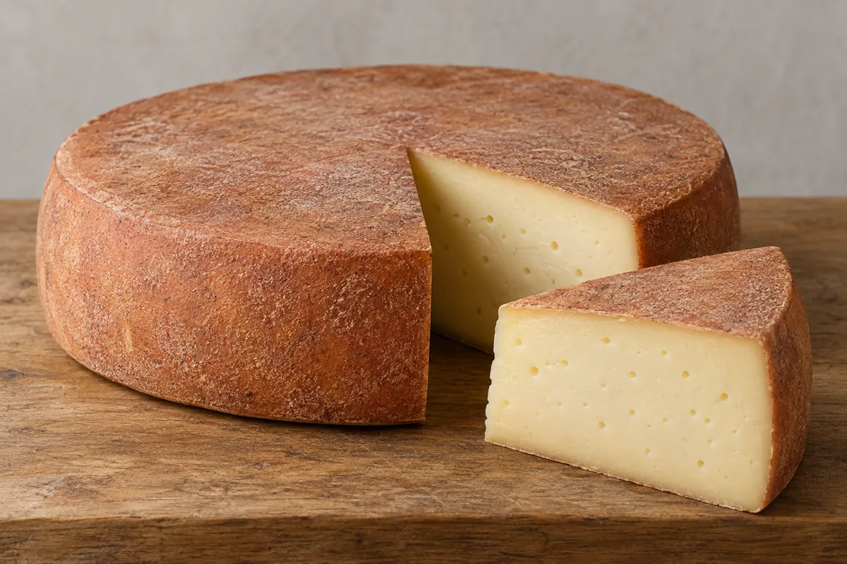 Round Appenzeller wheel with a reddish-brown rind and a cut wedge showing ivory paste with small holes - Appenzeller Cheese | KnowTheCheese