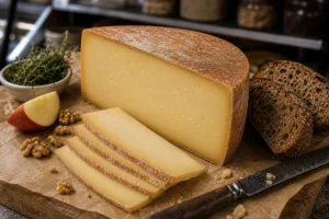 Appenzeller-style Alpine cheese wedge and slices with rye bread, apple, herbs, walnuts, and knife - Appenzeller cheese | KnowTheCheese