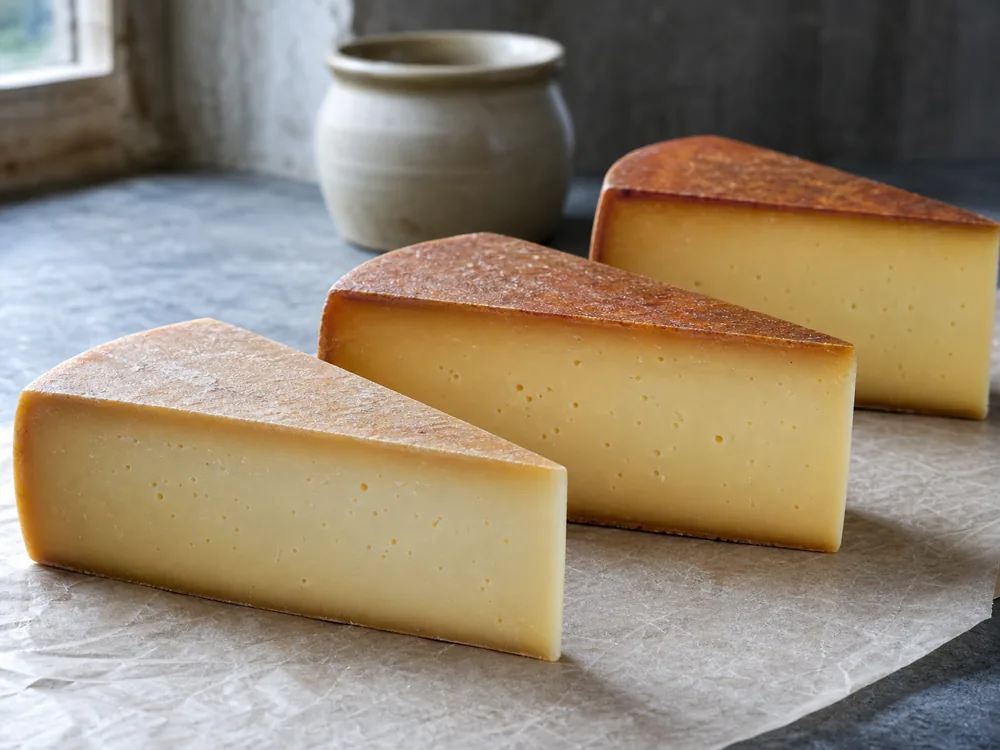 Appenzeller wedges showing lighter and deeper washed rinds with age - Appenzeller cheese | KnowTheCheese
