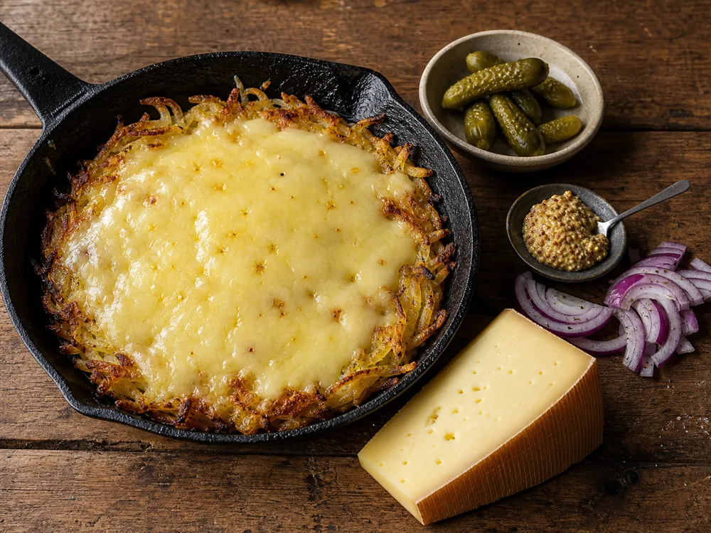 Appenzeller melted over rosti with cornichons mustard and onion - Appenzeller cheese | KnowTheCheese