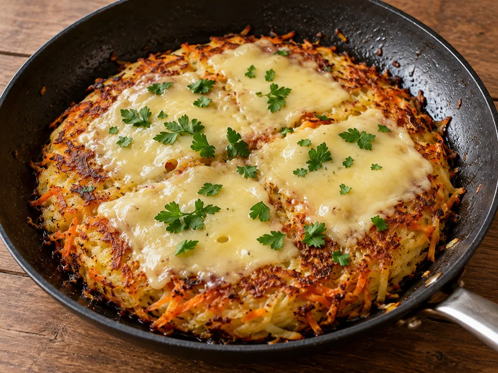 Potato and carrot rösti in a pan with four melted cheese slices and parsley leaves - Appenzeller Cheese | KnowTheCheese