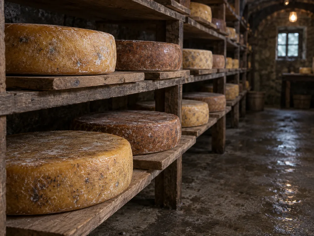 Round cheese wheels resting on wooden boards and shelves in a dim stone cellar - Appenzeller Cheese | KnowTheCheese