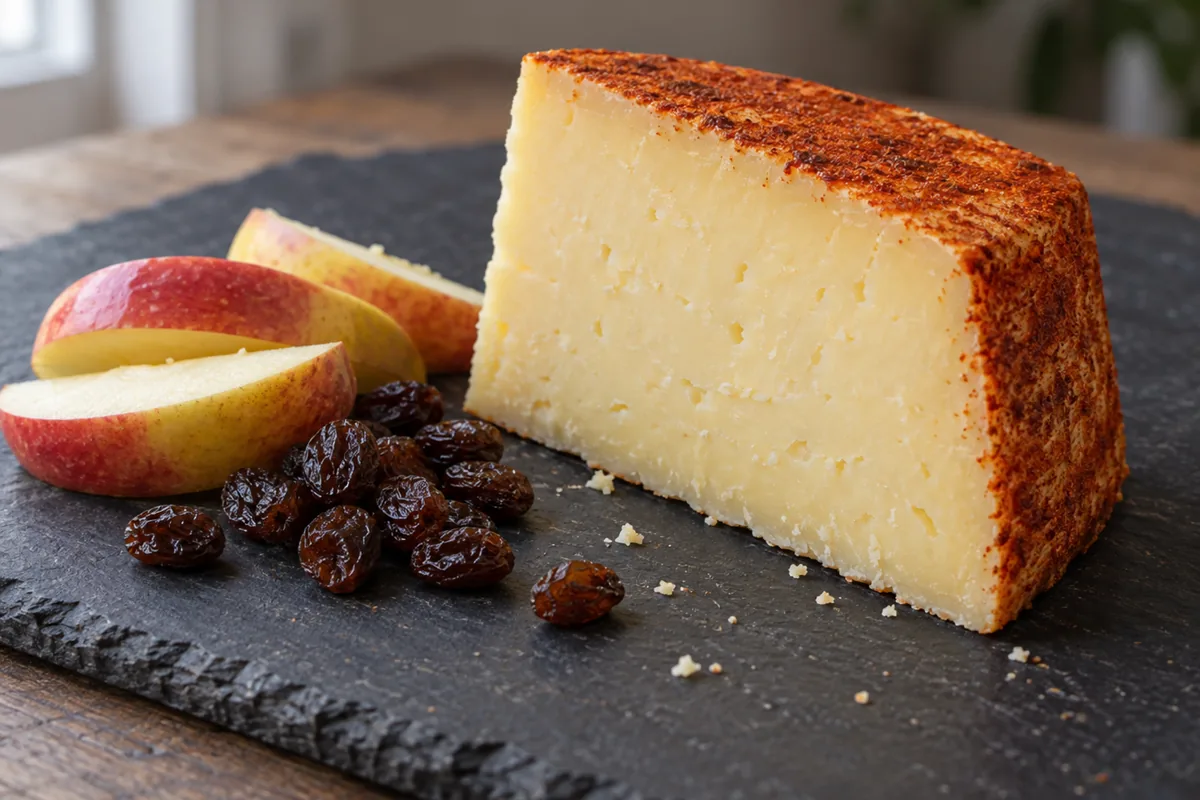Cheddar-style wedge with a paprika-dusted edge beside apple slices and raisins - Applewood | KnowTheCheese