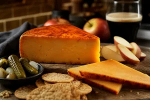 Paprika dusted smoky cheddar wedge with pickles apples and crackers - Applewood | KnowTheCheese