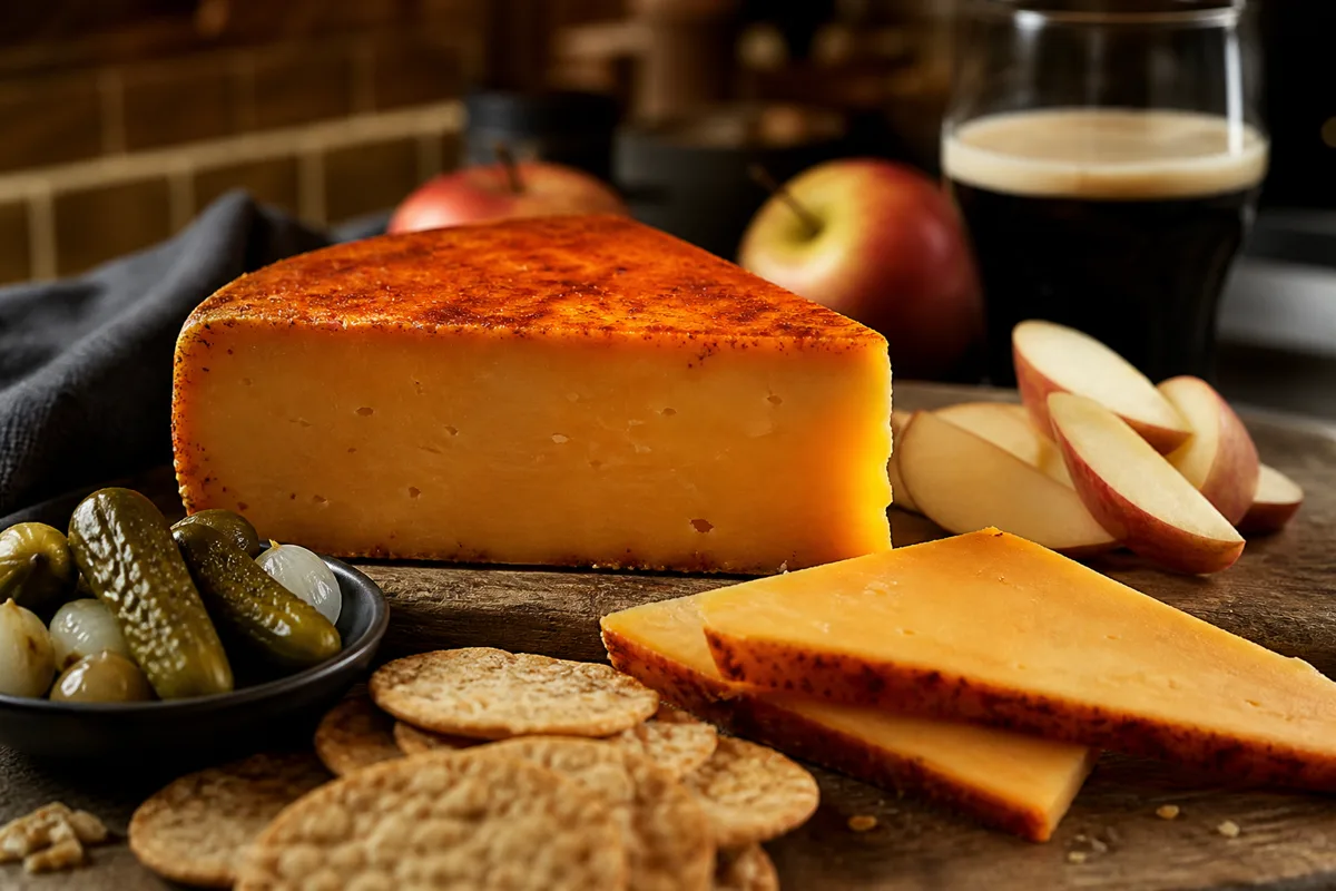 Paprika dusted smoky cheddar wedge with pickles apples and crackers - Applewood | KnowTheCheese