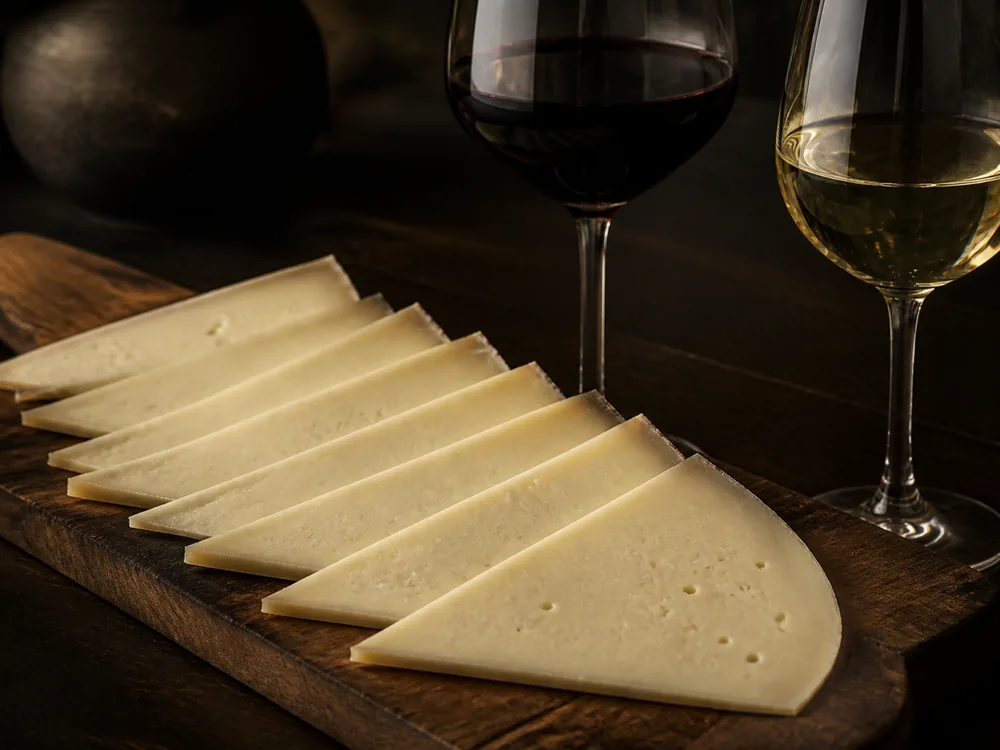 Thin slices fanned on a dark board with a red and a white wine glass behind - Ardi Gasna | KnowTheCheese