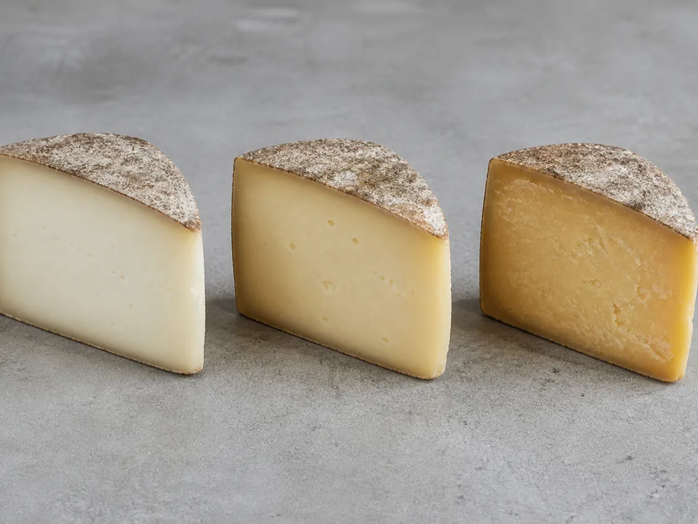 Cut wedges of the same sheep cheese at three ages showing paler and darker paste - Ardi Gasna | KnowTheCheese