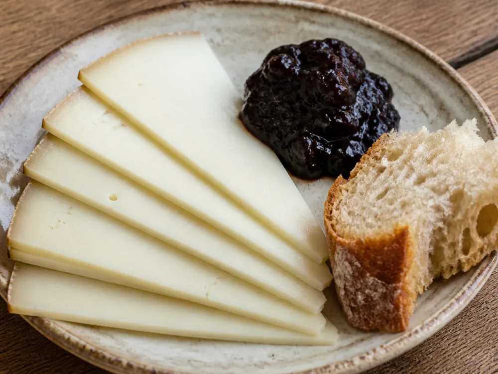 Thin slices of sheep cheese beside a spoon of dark black cherry jam on a plate - Ardi Gasna | KnowTheCheese