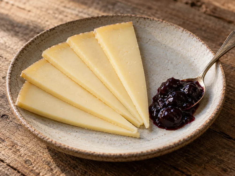 Thin slices of pale firm cheese beside a spoon of dark black cherry jam on a plate - Ardi Gasna | KnowTheCheese