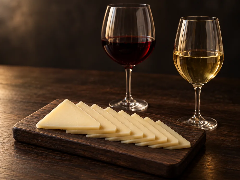 Thin cheese slices on a dark board with a red and a white wine glass behind - Ardi Gasna | KnowTheCheese