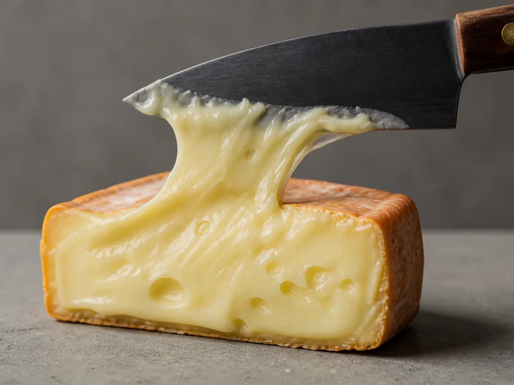 Knife lifting away from a cut wedge with the pale paste clinging to the blade - Ardrahan | KnowTheCheese