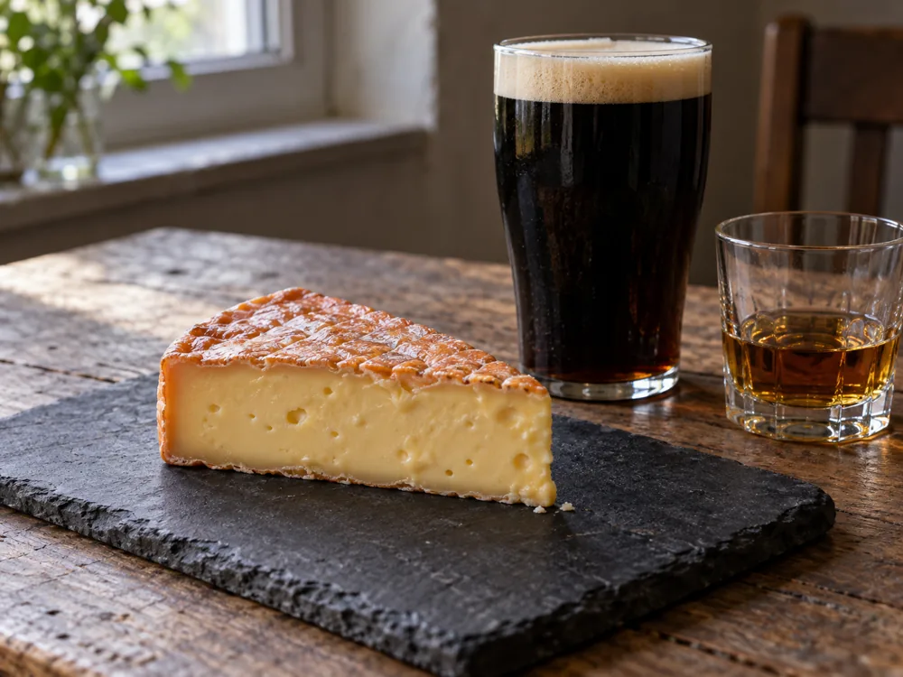 Plain wedge of orange-rinded cheese beside a pint of stout and a glass of whisky - Ardrahan | KnowTheCheese