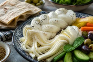 Braided Armenian string cheese with lavash olives cucumber and herbs - Armenian String Cheese | KnowTheCheese
