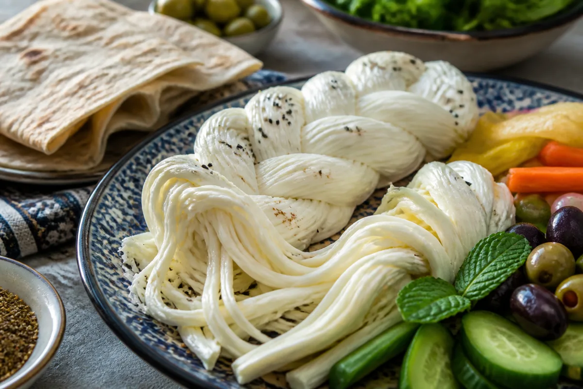 Braided Armenian string cheese with lavash olives cucumber and herbs - Armenian String Cheese | KnowTheCheese