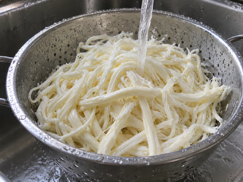 Long white cheese strings in a steel colander under running cold water - Armenian String Cheese