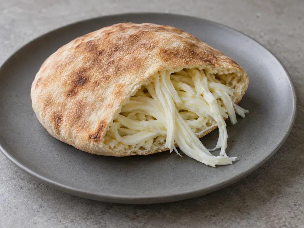 Pita bread stuffed with pulled white cheese strings on a grey plate - Armenian String Cheese