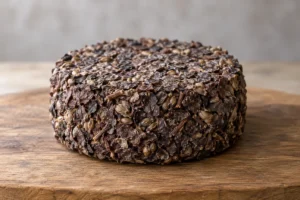 Small flat cheese disc fully coated in brown grape marc skins, seeds and stalks on a wooden board - Aromes au Gene de Marc | KnowTheCheese