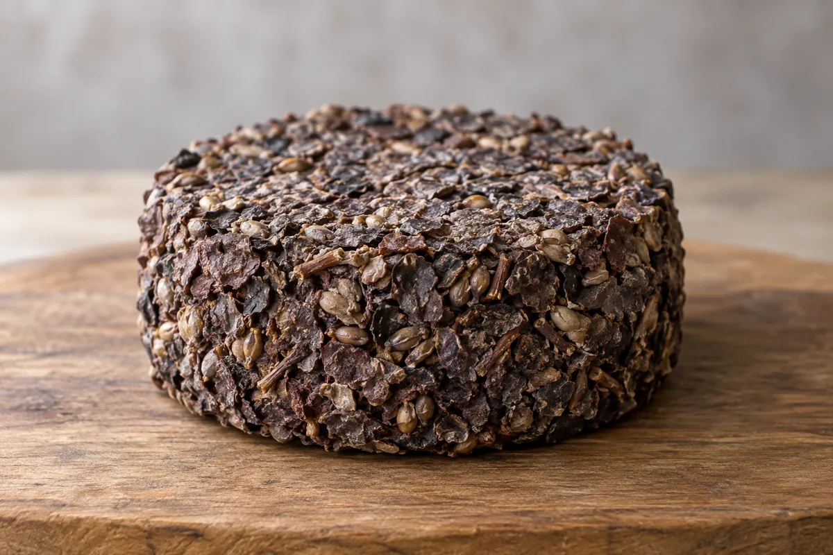 Small flat cheese disc fully coated in brown grape marc skins, seeds and stalks on a wooden board - Aromes au Gene de Marc | KnowTheCheese