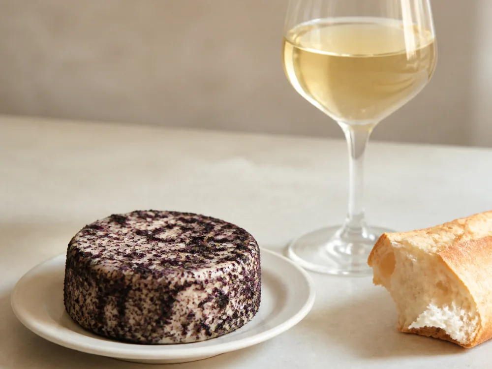 A single disc on a plate beside a glass of pale white wine and a torn piece of plain baguette - Aromes au Gene de Marc | KnowTheCheese