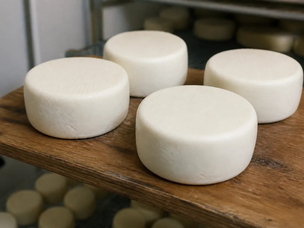 Four small plain white cheese discs on a wooden shelf before any ageing treatment - Aromes au Gene de Marc | KnowTheCheese