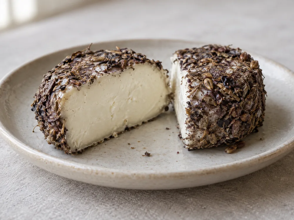 Small cheese disc cut in half showing soft ivory paste under a brown-grey grape marc rind - Aromes au Gene de Marc | KnowTheCheese