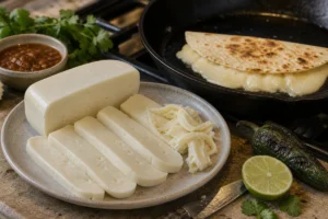 Asadero-style cheese slices with melted tortilla, skillet, salsa, roasted chile, lime, and cilantro - Asadero cheese | KnowTheCheese