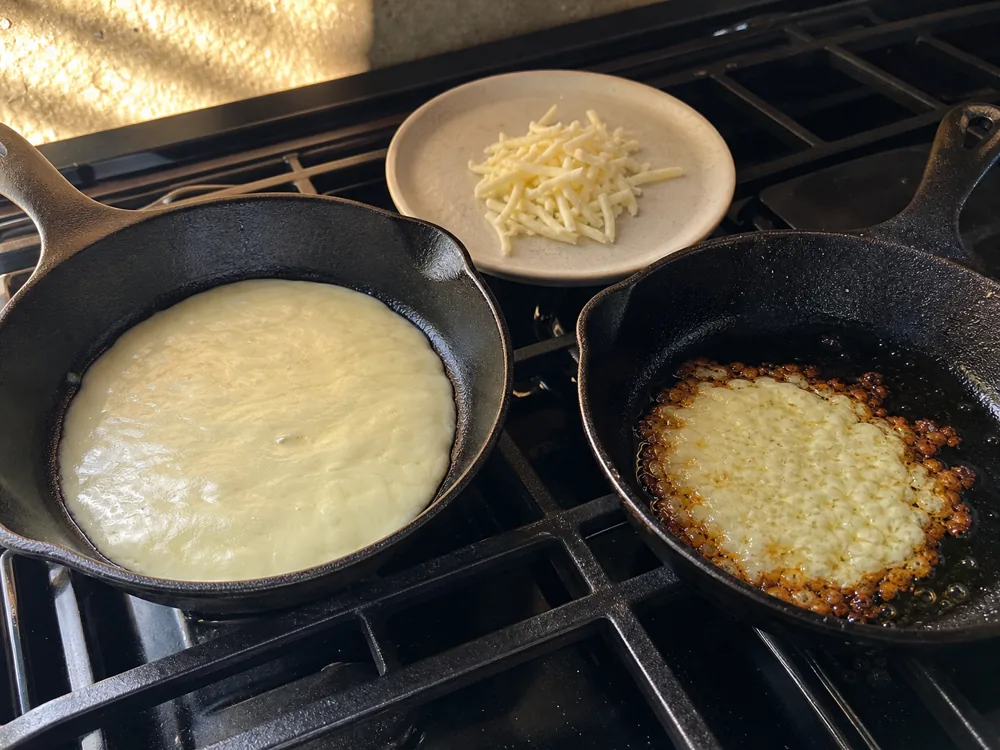 Smooth Asadero melt beside an overheated oily cheese portion - Asadero cheese | KnowTheCheese