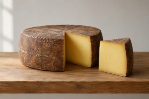 Round natural-rind alpine wheel in russet brown with a cut wedge showing yellow paste and a few tiny holes - Ascutney Mountain | KnowTheCheese
