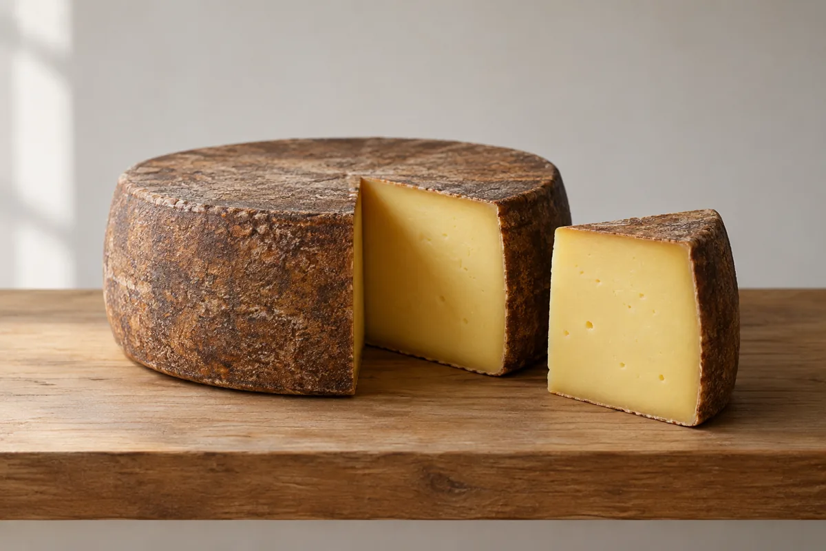 Round natural-rind alpine wheel in russet brown with a cut wedge showing yellow paste and a few tiny holes - Ascutney Mountain | KnowTheCheese