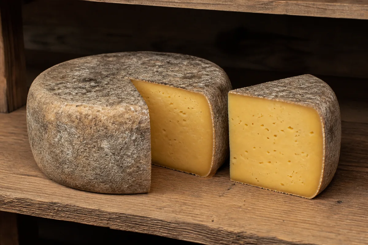Natural-rind farmstead wheel with a cut wedge showing deep yellow paste and tiny eyes - Ascutney Mountain | KnowTheCheese