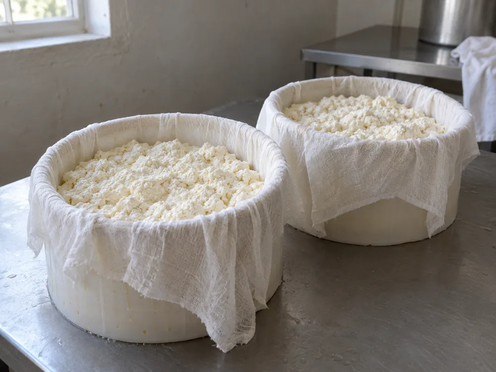 Two round hoops lined with cheesecloth and filled with drained curd - Ascutney Mountain