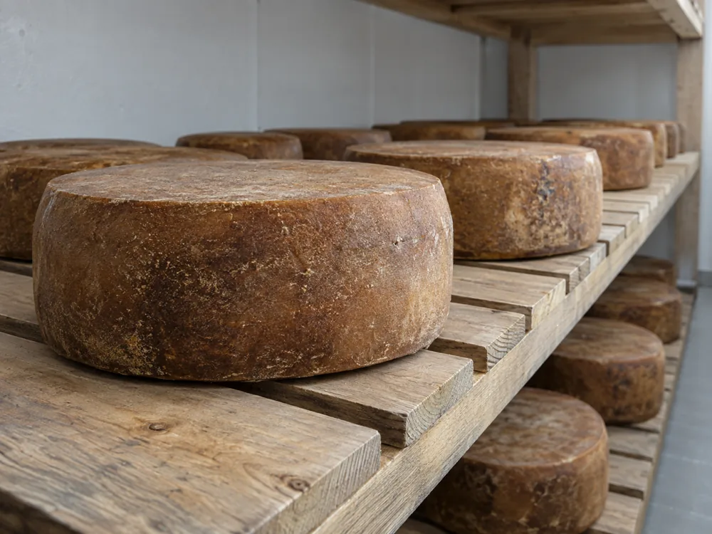 Cheese wheels with dark russet natural rinds on slatted wooden shelves - Ascutney Mountain