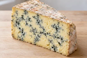 Blue cheese wedge with an off-white natural rind and straw-coloured paste with blue veining - Asher Blue | KnowTheCheese