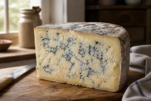 Blue cheese wedge with a dry natural rind and irregular grey-blue veining - Asher Blue | KnowTheCheese