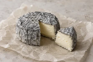 Ash-coated soft cheese wheel with a wedge cut out on parchment - Ashley | KnowTheCheese