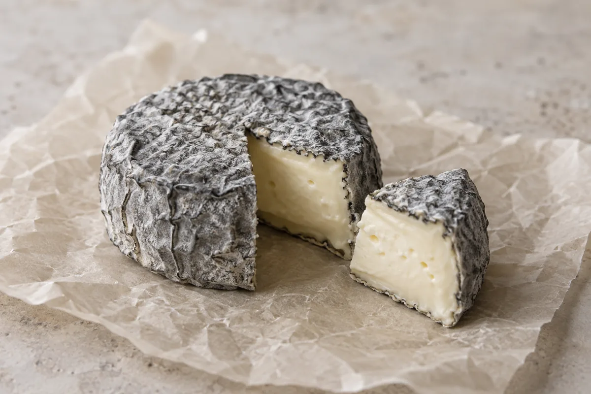 Ash-coated soft cheese wheel with a wedge cut out on parchment - Ashley | KnowTheCheese