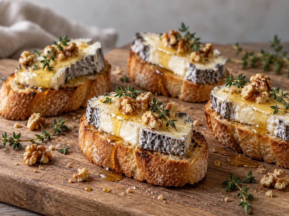 Toasted baguette with ash-coated soft cheese, honey, walnuts and thyme - Ashley