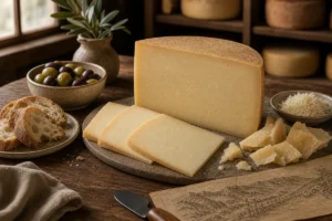 Asiago-style wedge with smooth slices, aged shards, and grated cheese - Asiago cheese | KnowTheCheese