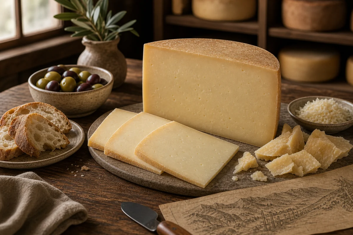 Asiago-style wedge with smooth slices, aged shards, and grated cheese - Asiago cheese | KnowTheCheese