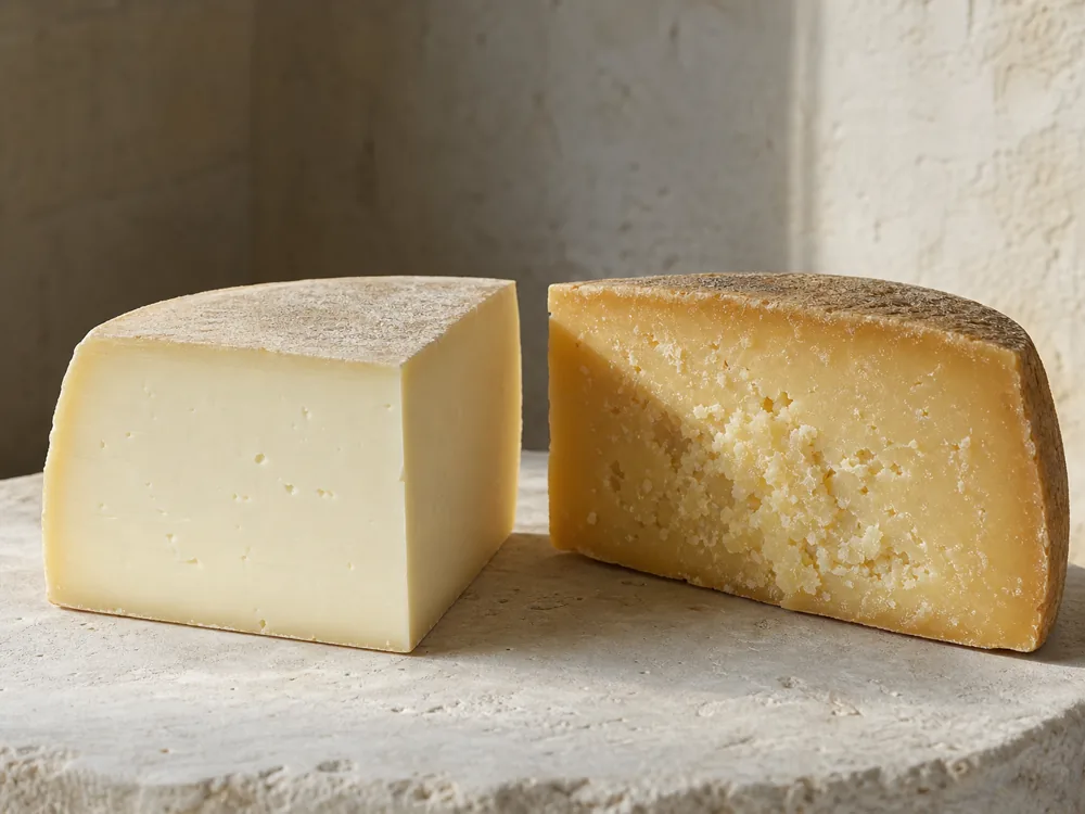 Young Asiago Pressato beside aged granular Asiago d'Allevo - Asiago cheese | KnowTheCheese